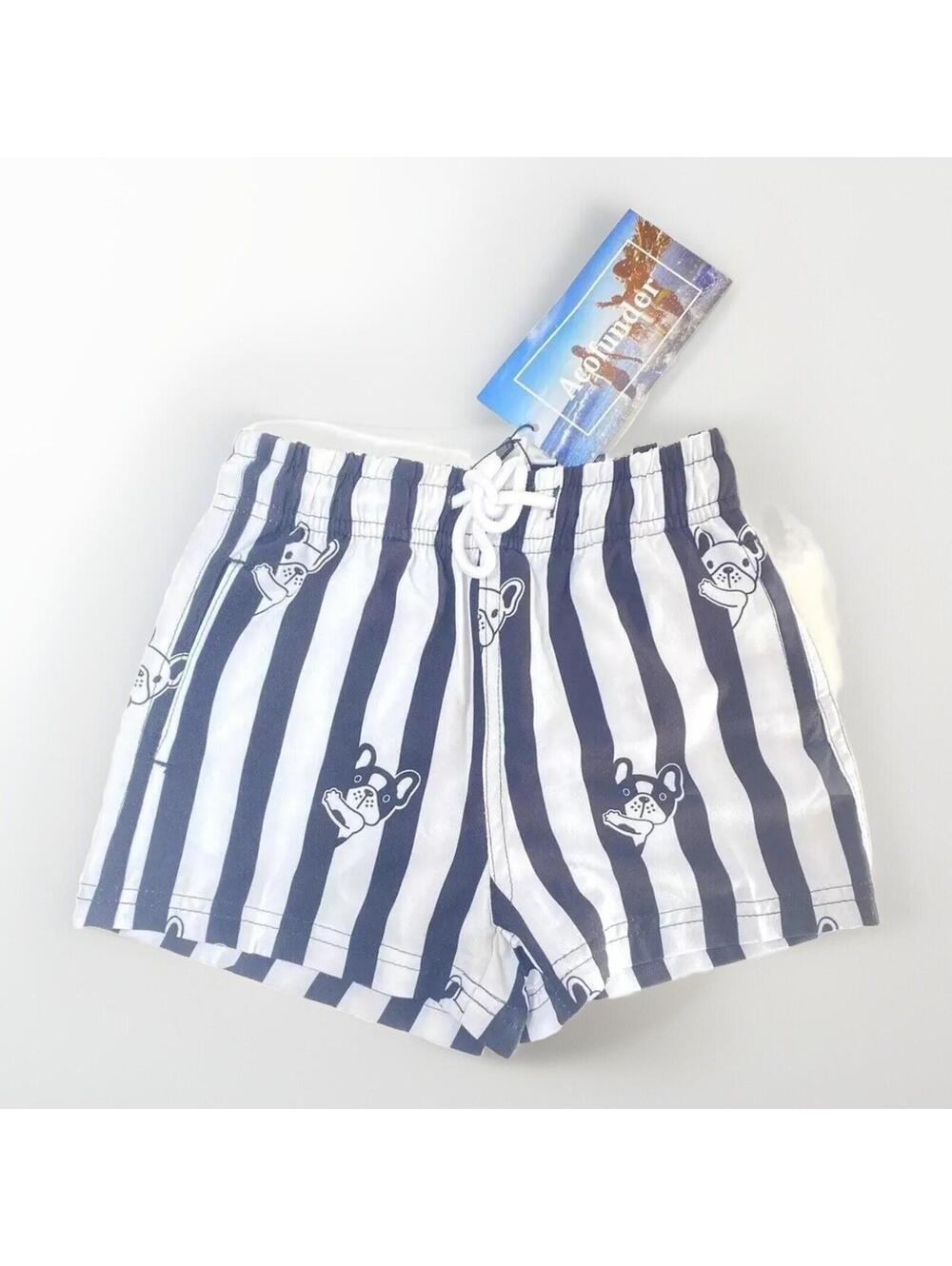Toddler Size 2T Black & White Striped w Dogs Swim Shorts Swim Trunks-Brand New